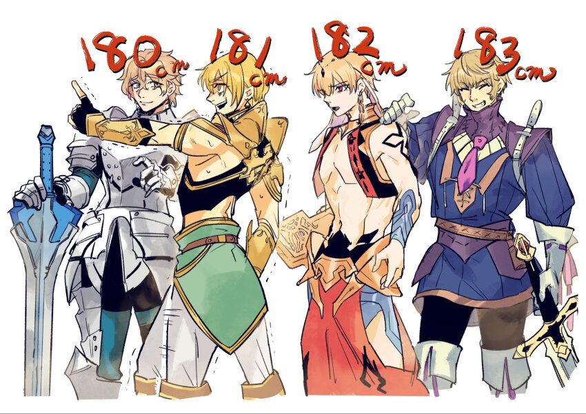 4boys bags_under_eyes blonde_hair blue_eyes color_connection cropped_vest earrings fate/grand_order fate_(series) fingerless_gloves gauntlets gawain_(fate) gilgamesh gilgamesh_(caster)_(fate) gilgamesh_(fate) gloves grin hair_color_connection hand_on_another&#039;s_shoulder height_connection highres holding holding_stone_tablet holding_sword holding_weapon jason_(fate) jewelry male_focus multiple_boys navel necktie open_mouth planted planted_sword planted_weapon pointing red_eyes roland_(fate) short_necktie shoulder_tattoo smile stone_tablet sword tattoo tetro_mino361 trembling turtleneck vambraces vest weapon white_gloves yellow_eyes