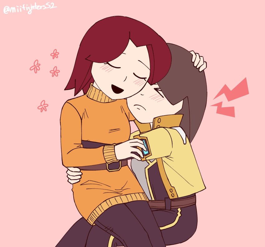 2girls belt black_gloves black_pants blush boots breasts brown_hair character_name closed_eyes commentary crossover dress friends gloves head_grab highres holding hug jacket long_hair medium_breasts mii_(nintendo) mii_gunner mii_gunner_(smash_4) mii_gunner_(smash_ultimate) miifighterss2 multiple_girls nintendo open_mouth orange_gloves pants pantyhose parted_bangs short_hair sitting sitting_on_person smile super_smash_bros. sweater yellow_boots