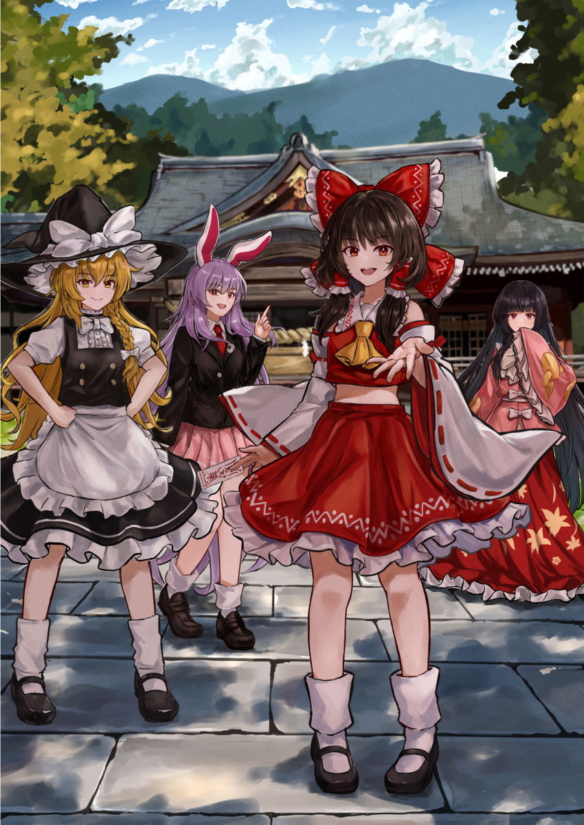 4girls animal_ears apron ascot between_fingers black_hair black_hat black_jacket black_shoes black_skirt black_vest blazer blonde_hair blue_sky bow braid brown_hair brown_shoes building closed_mouth cloud collared_shirt commentary day detached_sleeves frilled_bow frilled_hair_tubes frilled_skirt frilled_sleeves frills hair_bow hair_tubes hakurei_reimu hakurei_shrine hands_on_own_hips hat hat_bow highres holding houraisan_kaguya jacket kirisame_marisa loafers long_hair long_skirt long_sleeves looking_at_viewer mary_janes midriff multiple_girls necktie ofuda ofuda_between_fingers open_mouth outdoors pink_shirt pink_skirt pleated_skirt rabbit_ears red_bow red_eyes red_necktie red_skirt reisen_udongein_inaba ribbon-trimmed_sleeves ribbon_trim shirt shoes side_braid single_braid skirt skirt_set sky smile socks tentaizukan touhou very_long_hair vest waist_apron white_apron white_bow white_shirt white_socks wide_sleeves witch_hat yellow_ascot yellow_eyes