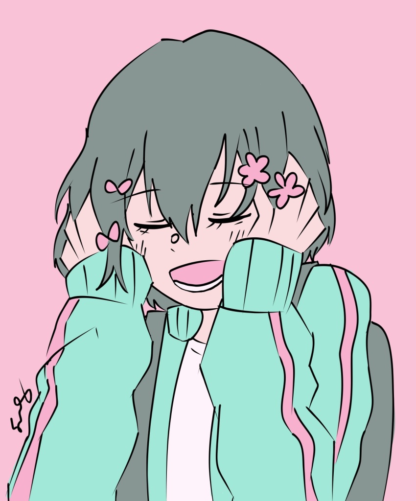 backpack bag closed_eyes flower_hairpin hair_ornament hairpin hands_on_own_face highres iyowa_girls jacket kyu-kurarin_(cevio) multiple_hairpins non-web_source open_mouth short_hair signature