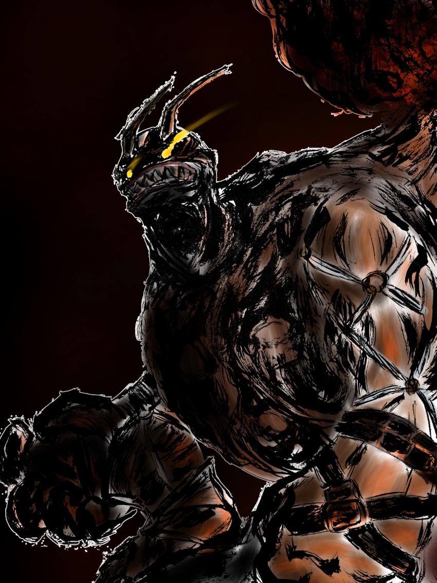 ancientvolcamon belt digimon digimon_(creature) highres horns mask sharp_teeth teeth yellow_eyes