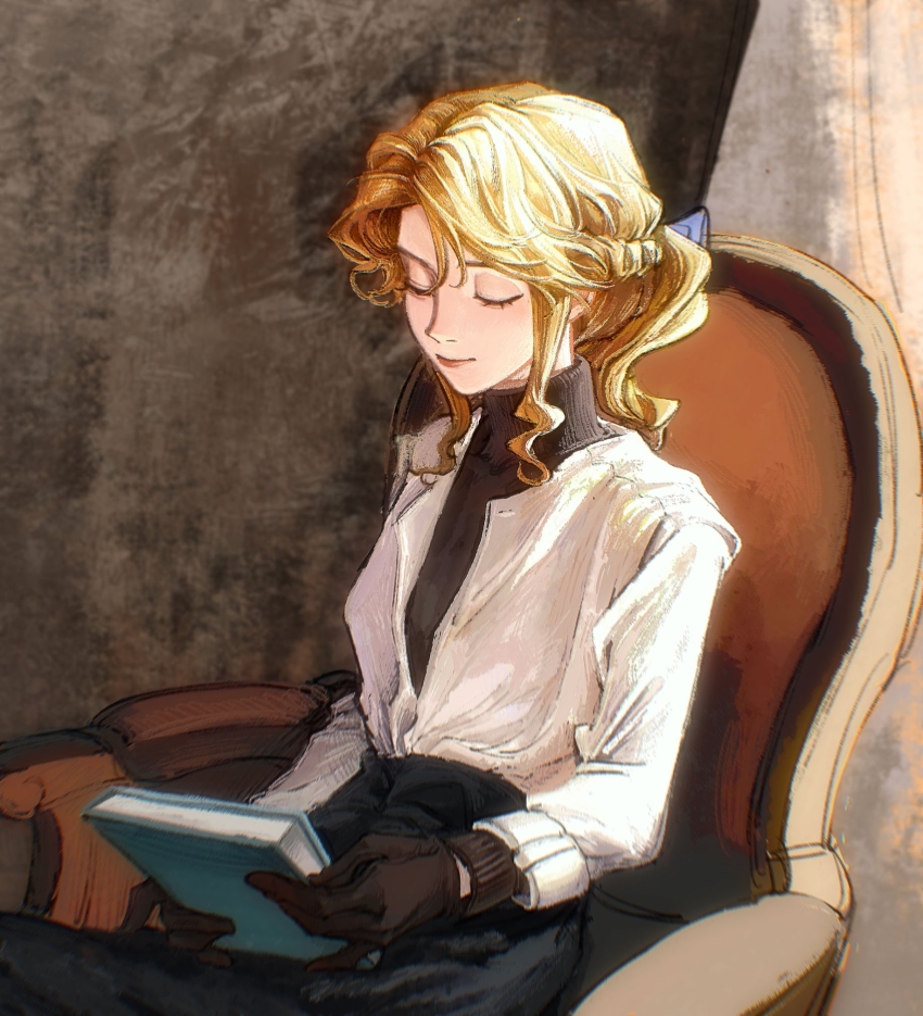 1girl alice_deross beijingban18388 black_gloves black_skirt black_sweater blonde_hair book chair chinese_commentary closed_eyes closed_mouth commentary_request curtained_hair gloves highres holding holding_book identity_v jacket long_sleeves medium_hair on_chair parted_bangs procreate_(medium) red_lips sitting skirt smile solo sweater turtleneck turtleneck_sweater u_u white_jacket