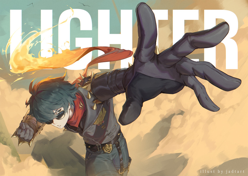 1boy artist_name battle biker_clothes black_gloves blue_sky burning_clothes character_name day dust_cloud dynamic_pose english_text fighting_stance fire foreshortening gloves highres jadtart lighter_(zenless_zone_zero) looking_at_viewer male_focus outdoors punching sky spiked_gauntlets spiked_pauldrons sunglasses zenless_zone_zero
