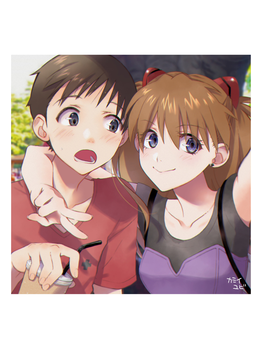 1boy 1girl absurdres arm_around_neck black_shirt blue_eyes blurry blurry_background brown_hair closed_mouth collarbone drinking_straw grey_eyes hair_between_eyes highres holding ikari_shinji long_hair looking_at_viewer neon_genesis_evangelion open_mouth red_shirt shirt short_hair short_sleeves smile souryuu_asuka_langley yubi_kamii