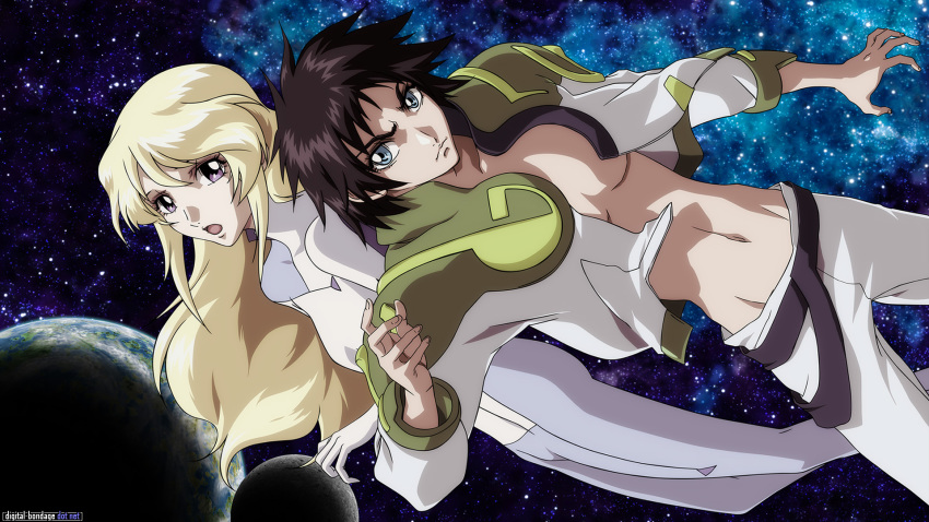 00s 1boy 1girl :o abs age_(heroic_age) belt blonde_hair brown_hair buckle cowboy_shot deianeira dress heroic_age highres jacket long_hair long_sleeves looking_at_viewer midriff navel official_art official_wallpaper open_clothes open_jacket open_mouth pants planet rotated space stomach very_long_hair white_dress