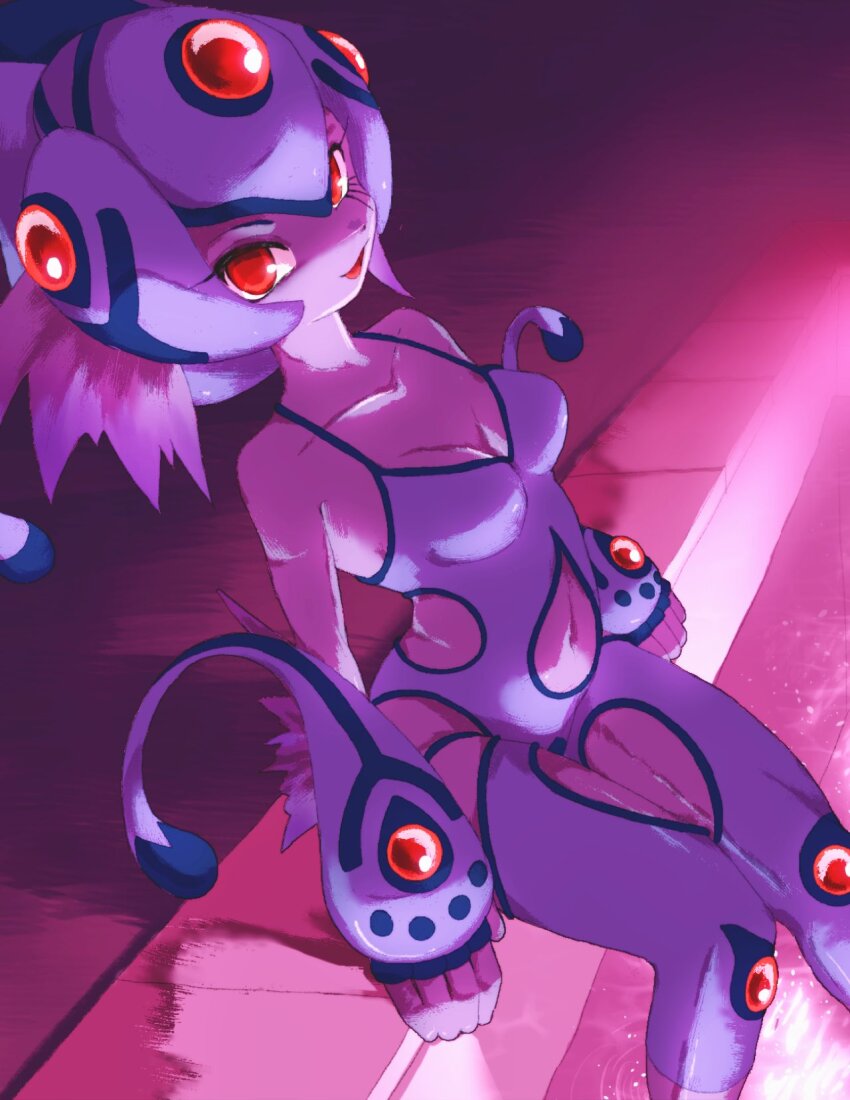 1girl bare_shoulders blue_one-piece_swimsuit blue_skin breasts cleavage colored_skin cowboy_shot dark_background digimon digimon_(creature) digimon_frontier highres medium_breasts one-piece_swimsuit pool ranamon red_eyes sitting solo swimsuit takeda_conomi