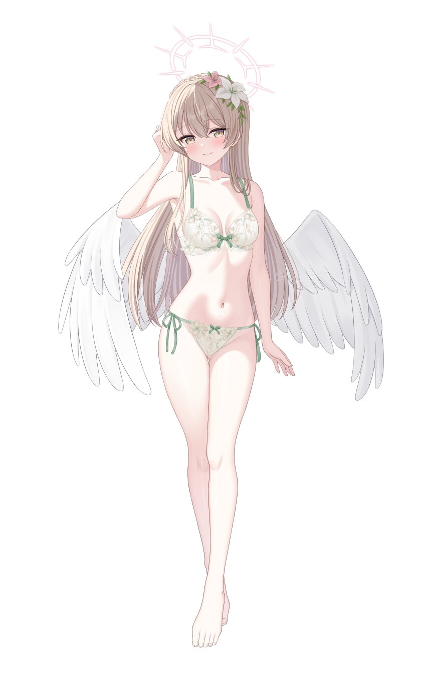 1girl absurdres alternate_costume angel_wings bare_shoulders barefoot blue_archive blush braid breasts breasts_apart brown_hair closed_mouth collarbone commentary crown_braid feathered_wings flower full_body hair_between_eyes hair_flower hair_ornament halo hand_up highres kurumi_lm long_hair looking_at_viewer low_wings medium_breasts nagisa_(blue_archive) navel panties pink_flower side-tie_panties simple_background smile solo standing stomach underwear very_long_hair white_background white_flower white_panties white_wings wings yellow_eyes