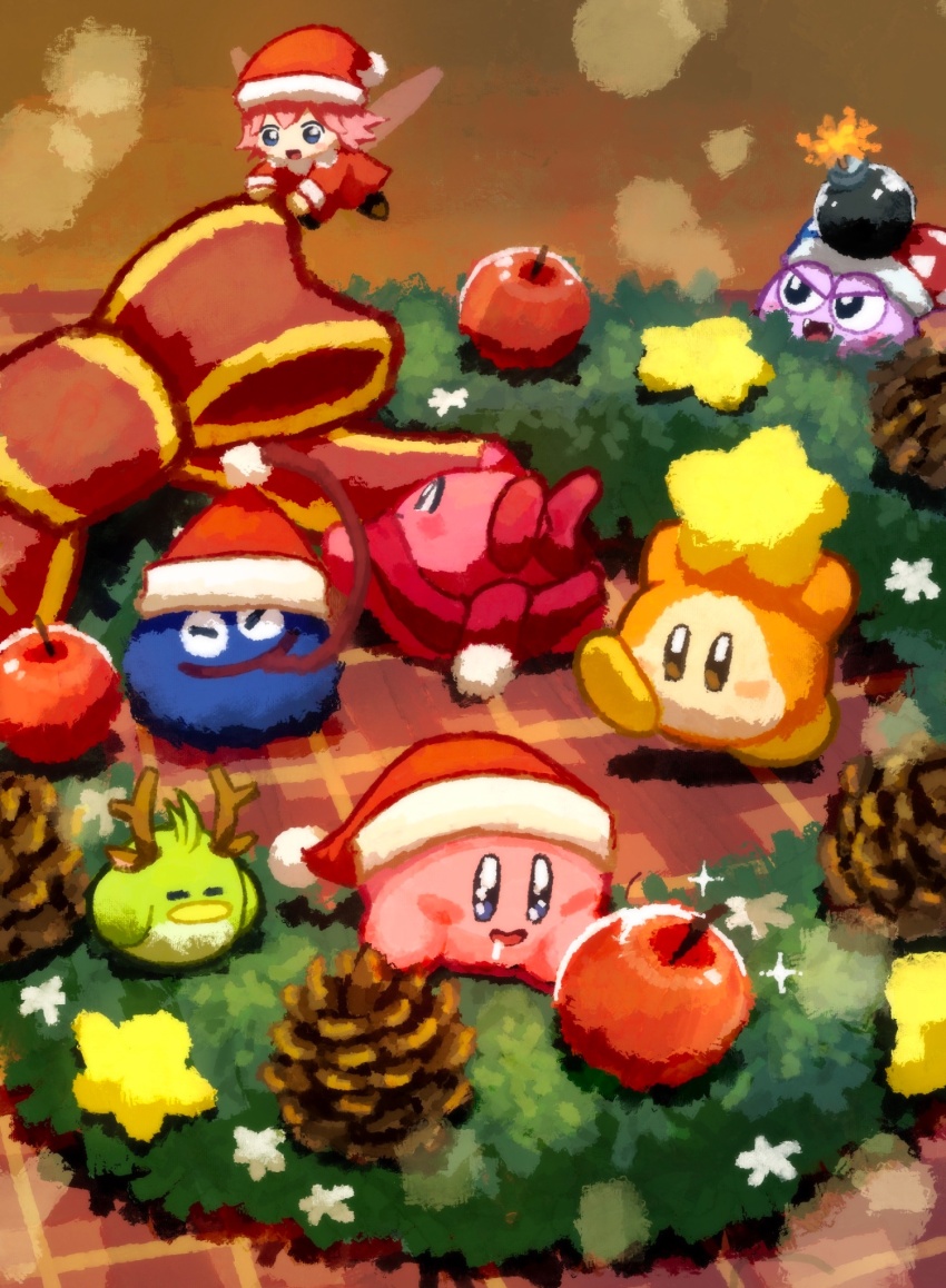 1girl :d antlers apple arms_up aruco_co bird blue_eyes blue_headwear blush blush_stickers bomb bow brown_background brown_eyes christmas christmas_wreath chuchu_(kirby) closed_eyes commentary_request dress drooling explosive fairy fairy_wings fake_antlers fangs flying food fruit fur-trimmed_headwear fur_trim gooey_(kirby) hat highres holding horns jester_cap kirby kirby_(series) long_sleeves long_tongue marx_(kirby) multicolored_headwear nintendo open_mouth pinecone pink_hair pitch_(kirby) pom_pom_(clothes) red_bow red_dress red_headwear red_scarf reindeer_antlers ribbon_(kirby) santa_hat scarf short_hair smile sparkle star_(symbol) tongue tongue_out v-shaped_eyebrows waddle_dee walking wings wreath