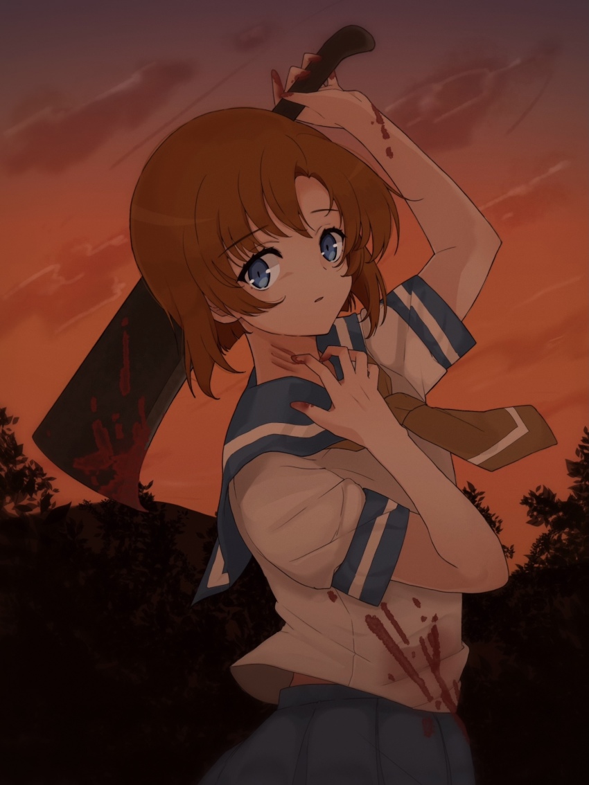 1girl absurdres arm_up blood blood_on_clothes blue_eyes blue_sailor_collar blue_skirt brown_hair brown_neckerchief dusk hatchet highres higurashi_no_naku_koro_ni holding holding_sword holding_weapon looking_at_viewer nata_(tool) neckerchief open_mouth orange_sky pleated_skirt poyadevil ryuuguu_rena sailor_collar shirt short_hair short_sleeves skirt sky solo sword weapon white_shirt