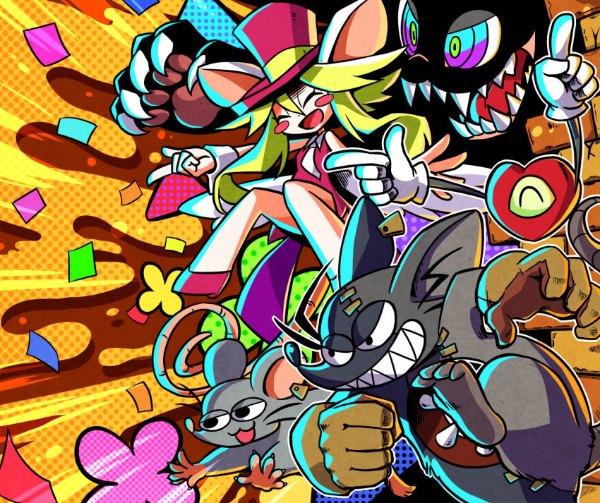 1girl 4boys animal_ears blush_stickers breasts claws ear_tag fangs gloves green_hair hat heart_(mad_rat_dead) leotard mad_rat mad_rat_dead mob_rat_(mad_rat_dead) mouse_(animal) mouse_ears mouse_girl mouse_tail multiple_boys nippon_ichi rat_god stitches tail the_cat_(mad_rat_dead) tie_clip top_hat wings wrist_cuffs