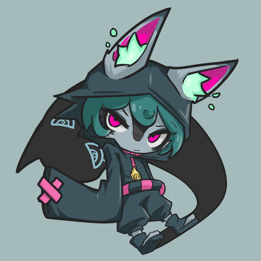 1girl 1other absurdres animal_ear_fluff black_hoodie black_pants closed_mouth colored_skin curly_hair ears_through_headwear ears_through_hood green_hair grey_skin highres hood hood_up hoodie jitome league_of_legends looking_at_viewer medium_hair pants pink_eyes sandals simple_background sleeves_past_fingers sleeves_past_wrists taigokimi.jpg very_long_sleeves vex_(minecraft) vex_shadow_(league_of_legends) yordle