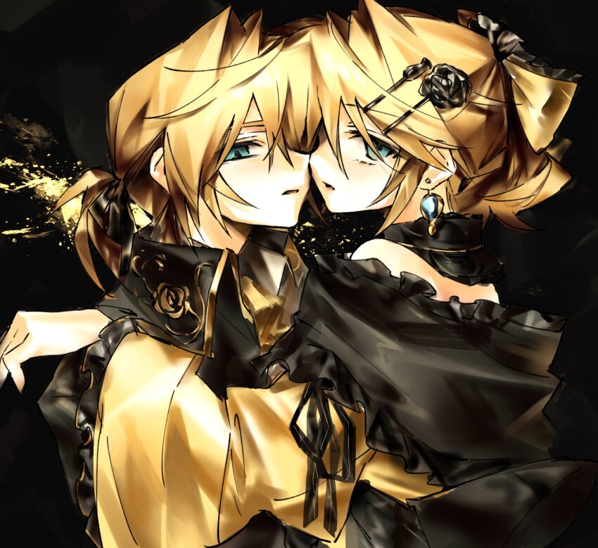 1boy 1girl aku_no_meshitsukai_(vocaloid) aku_no_musume_(vocaloid) allen_avadonia aqua_eyes aqua_gemstone arms_around_neck ascot bare_shoulders black_choker black_coat black_collar black_flower black_jacket black_ribbon black_rose blonde_hair bow brother_and_sister choker coat collar collared_coat collared_jacket detached_collar dress dress_ribbon earrings empty_eyes evillious_nendaiki flower frilled_choker frilled_sleeves frills hair_bow hair_ornament hairclip hands_on_another&#039;s_shoulders high_ponytail highres hynn0x_x jacket jewelry kagamine_len kagamine_rin looking_at_viewer miku_symphony_(vocaloid) off-shoulder_dress off_shoulder official_alternate_costume parted_lips ponytail ribbon riliane_lucifen_d&#039;autriche rose short_ponytail siblings sidelocks sideways_glance swept_bangs twins updo vocaloid wide_sleeves yellow_ascot yellow_bow yellow_dress