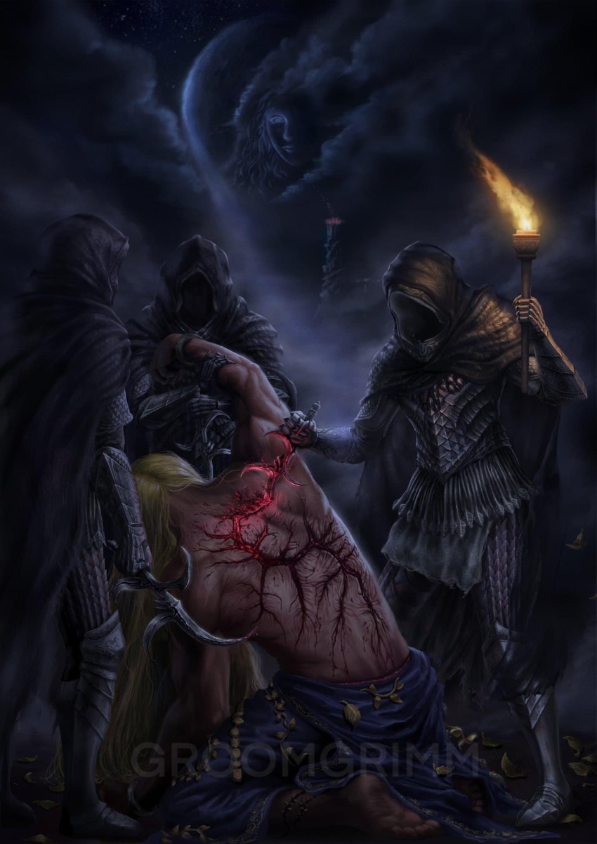 1boy 4girls alecto_black_knife_ringleader armor artist_name black_armor black_knife_(elden_ring) black_knife_assassin black_knife_tiche blonde_hair cloak cloud cloudy_sky elden_ring godwyn_the_golden great_rune_(elden_ring) groomgrimmart highres holding holding_another&#039;s_arm holding_weapon hood hooded_cloak long_hair lunar_princess_ranni moon multiple_girls restrained rune rune_of_death sky stab star_(sky) starry_sky topless_male torch watermark weapon
