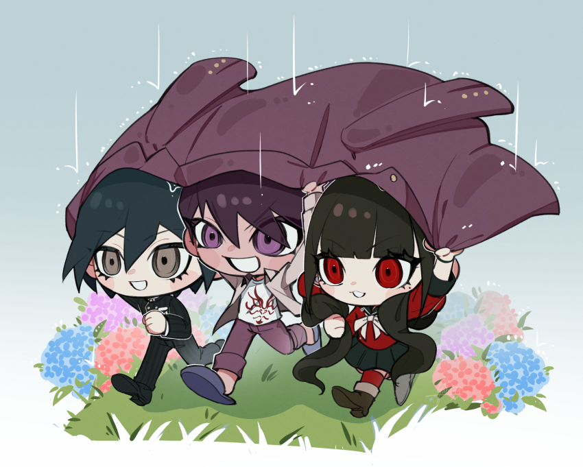 1girl 2boys absurdly_long_hair black_boots black_jacket black_pants black_sailor_collar black_shoes black_skirt black_sleeve_cuffs blue_flower blue_hair blue_slippers blunt_bangs blush_stickers boots bow bowtie bracelet breast_pocket brooch brown_hair buttons chibi clenched_hand coat collared_coat collared_jacket crest danganronpa_(series) danganronpa_v3:_killing_harmony denim double-breasted eyelashes eyes_visible_through_hair field floating_clothes flower flower_brooch flower_field gaba33 gradient_background grey_background grey_eyes grey_jacket grin hair_between_eyes hair_ornament hair_over_shoulder hair_scrunchie happy harukawa_maki high_collar highres holding holding_coat holding_unworn_clothes improvised_umbrella jacket jeans jewelry layered_sleeves long_eyelashes long_hair long_sleeves looking_ahead low_twintails miniskirt mole mole_under_eye momota_kaito multiple_boys open_clothes open_jacket open_mouth pale_skin pants pinstripe_jacket pinstripe_pants pinstripe_pattern pleated_skirt pocket purple_coat purple_eyes purple_flower purple_hair purple_pants rain red_eyes red_flower red_scrunchie red_shirt red_thighhighs rose running saihara_shuichi sailor_collar school_uniform scrunchie serafuku shared_umbrella shirt shoes short_hair skirt slippers smile spiked_hair thighhighs twintails umbrella unworn_coat very_long_hair white_bow white_bowtie white_flower white_rose white_shirt