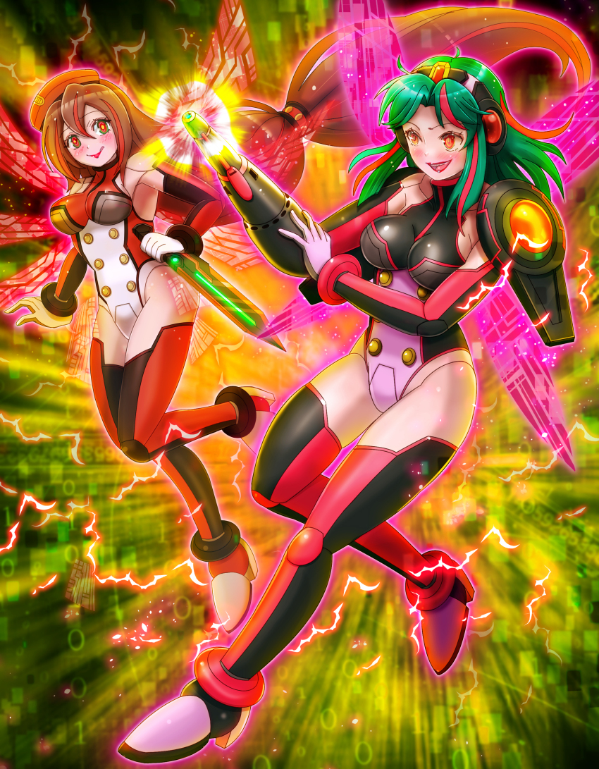 2girls absurdres arm_cannon armor bare_shoulders black_leotard breasts brown_hair corruption dagger dark_persona electricity energy_wings full_body glowing green_hair hat highres holding holding_dagger holding_knife holding_weapon iris_(mega_man) kiwakiwa knife leotard long_hair medium_breasts medium_hair mega_man_(series) mega_man_x_(manga) mega_man_x_(series) multicolored_hair multiple_girls multiple_wings pink_hair pink_leotard pink_wings powering_up red_eyes red_hair red_hat red_leotard red_wings shoulder_armor streaked_hair teal_(mega_man) two-tone_hair weapon white_leotard wings yellow_background