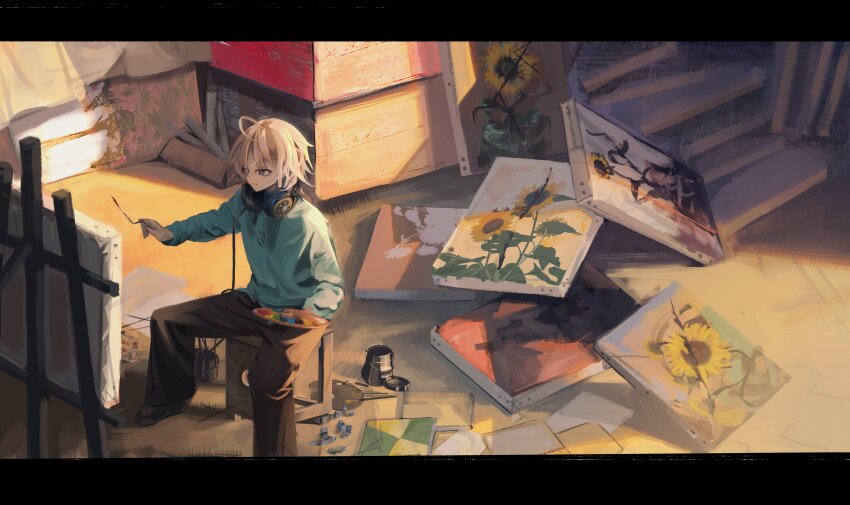 1boy absurdres bags_under_eyes blue_eyes blue_shirt brown_pants closed_mouth concentrating eliot_(eokaitekaite969) flower headphones headphones_around_neck highres holding holding_paintbrush kusanagi_naoya long_sleeves looking_at_object on_bench paintbrush painting_(action) painting_(object) pants sakura_no_uta shirt sitting solo sunflower white_hair