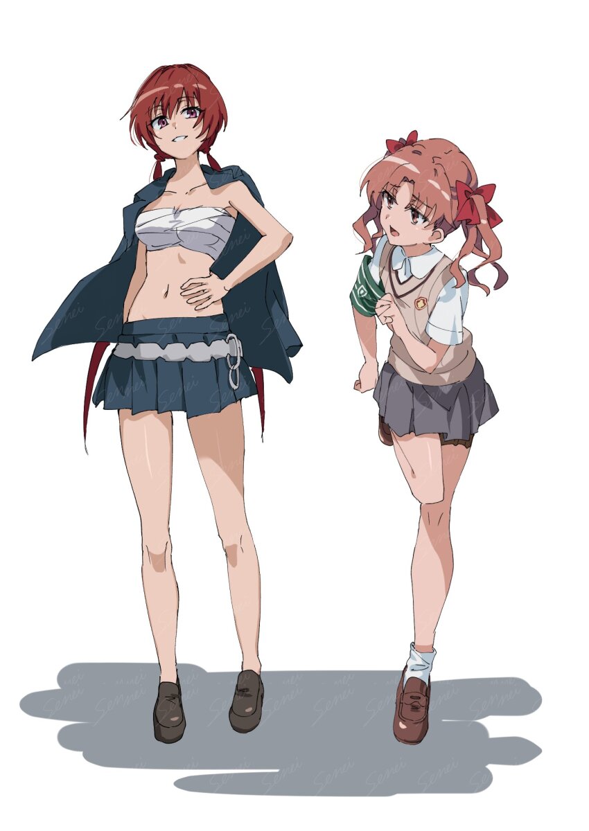 2girls bow breasts brown_eyes brown_footwear brown_hair brown_sweater_vest chest_sarashi ci31205 collared_shirt commentary_request grey_skirt hair_bow hand_on_own_hip highres index_finger_raised jacket jacket_on_shoulders judgement_armband_(toaru) lecturing loafers long_hair low_twintails medium_breasts midriff miniskirt multiple_girls musujime_awaki official_style open_clothes open_jacket open_mouth parted_lips pleated_skirt red_bow red_eyes red_hair sarashi school_emblem school_uniform shirai_kuroko shirt shoes short_sleeves skirt smile standing standing_on_one_leg summer_uniform sweater_vest toaru_kagaku_no_railgun toaru_majutsu_no_index tokiwadai_school_uniform twintails v-neck white_background white_shirt