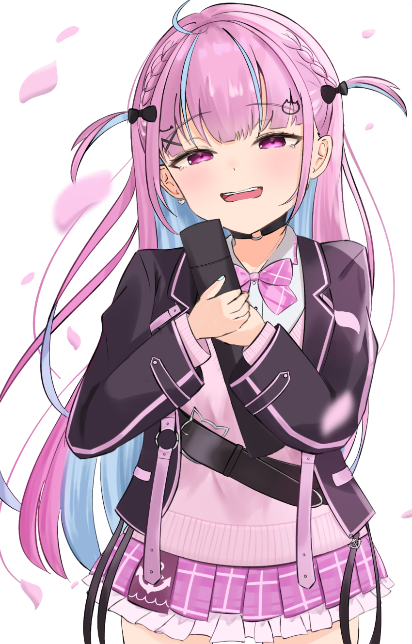 1girl 2024 ahoge black_jacket black_ribbon blue_hair blush commentary_request dottora earrings graduation hair_ribbon highres hololive jacket jewelry long_hair looking_at_viewer minato_aqua narrowed_eyes open_mouth pink_eyes pink_hair pink_skirt ribbon school_uniform single_earring skirt solo teeth upper_teeth_only very_long_hair virtual_youtuber white_background