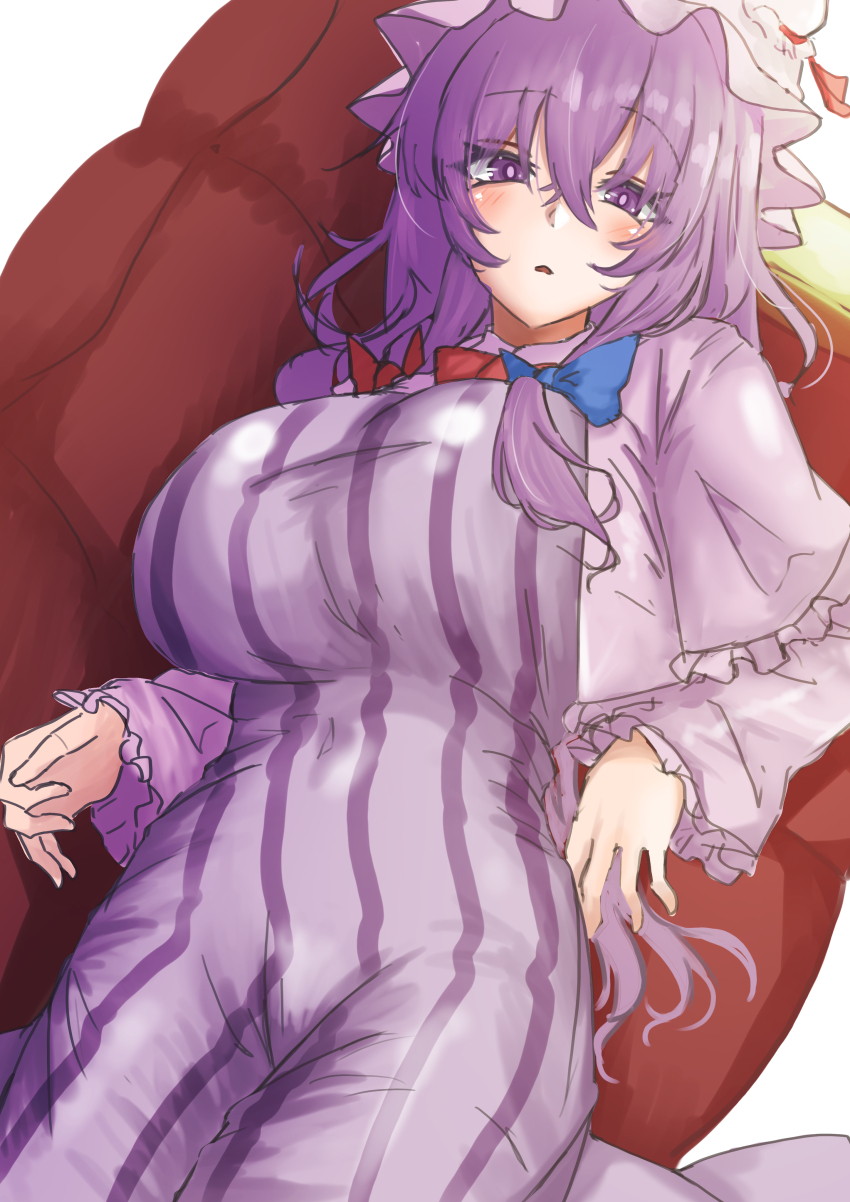 1girl absurdres arm_support blue_bow blush bow breasts couch covered_navel cowboy_shot hair_between_eyes hair_bow hat highres kuraki large_breasts light_frown long_hair looking_at_viewer lying mob_cap multiple_hair_bows on_back on_couch parted_lips patchouli_knowledge purple_eyes purple_hair red_bow solo touhou white_background