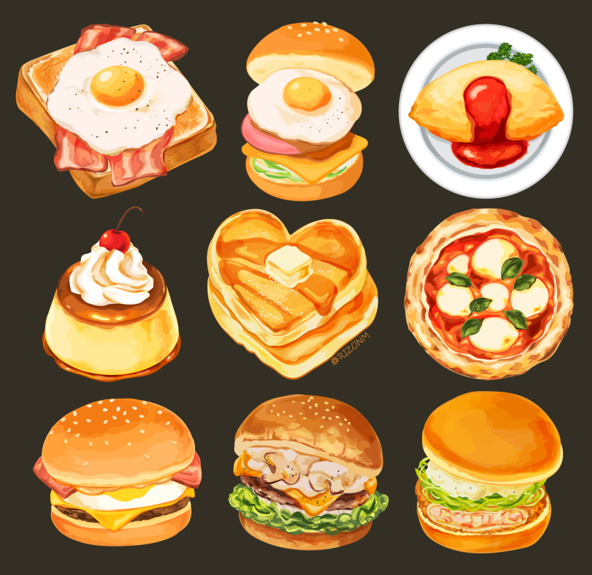 bacon bread bread_slice burger butter cheese cherry chicken_(food) egg_(food) food food_focus fried_egg fruit ham highres ketchup lettuce maple_syrup margherita_pizza meat no_humans omelet original pancake pizza plate pudding rizu_(rizunm) toast whipped_cream