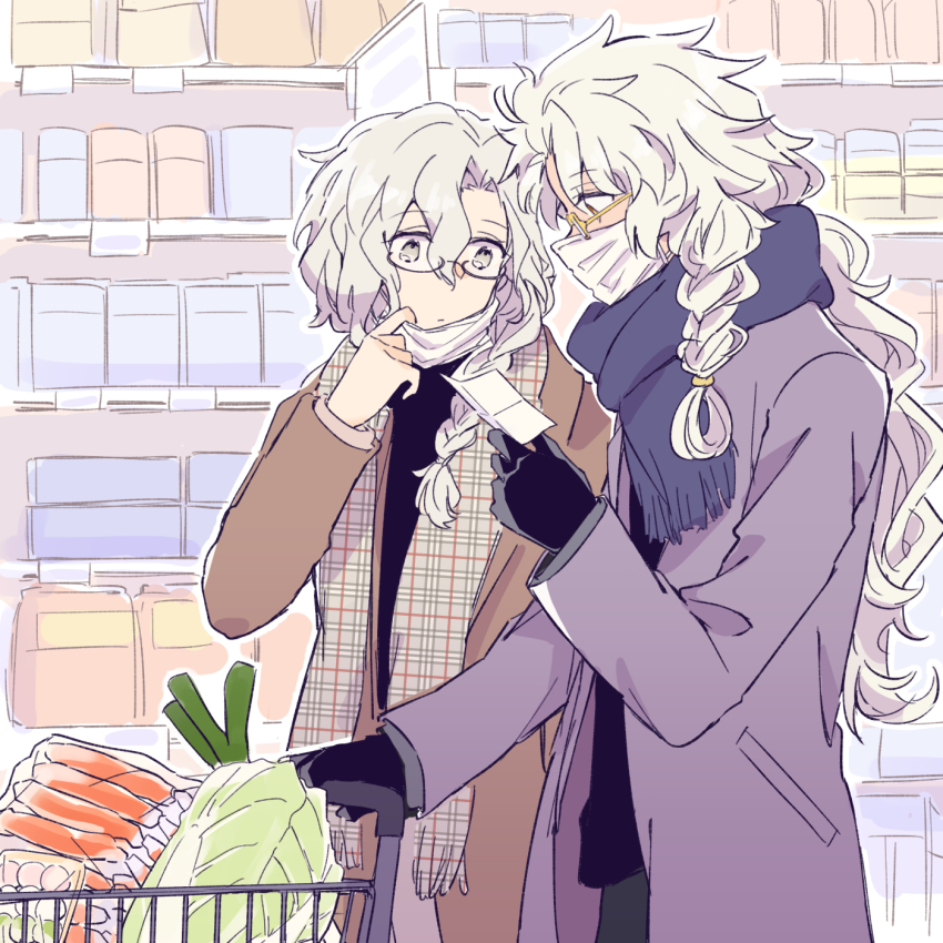 2boys alternate_costume black_gloves black_shirt blue_scarf braid brown_coat coat curtained_hair dango dark-skinned_male dark_skin fate/grand_order fate_(series) food glasses gloves grey_coat grey_eyes grey_scarf groceries hair_between_eyes hair_over_shoulder highres holding holding_paper kak_hac lettuce long_hair long_sleeves looking_at_object male_focus marisbury_animusphere mask mask_pull mouth_mask multiple_boys outline paper plaid_clothes plaid_scarf pushing_cart reading sanshoku_dango scarf semi-rimless_eyewear shelf shirt shopping shopping_cart side_braid single_braid solomon_(fate) spring_onion supermarket under-rim_eyewear very_long_hair wagashi white_hair white_mask white_outline yellow-framed_eyewear yellow_eyes