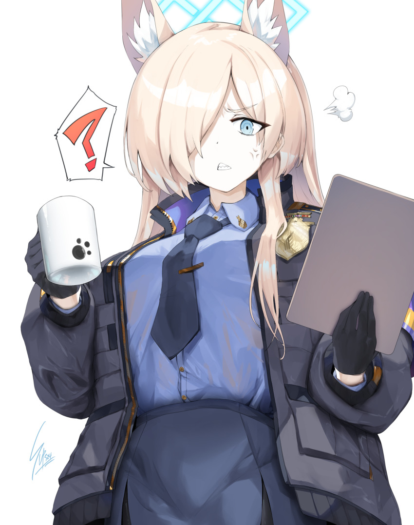 1girl absurdres angry animal_ears black_gloves blonde_hair blue_archive blue_eyes blue_shirt dog_ears dog_girl gloves highres kanna_(blue_archive) looking_at_viewer school_uniform shirt simple_background skirt solo sunnysideup upper_body white_background