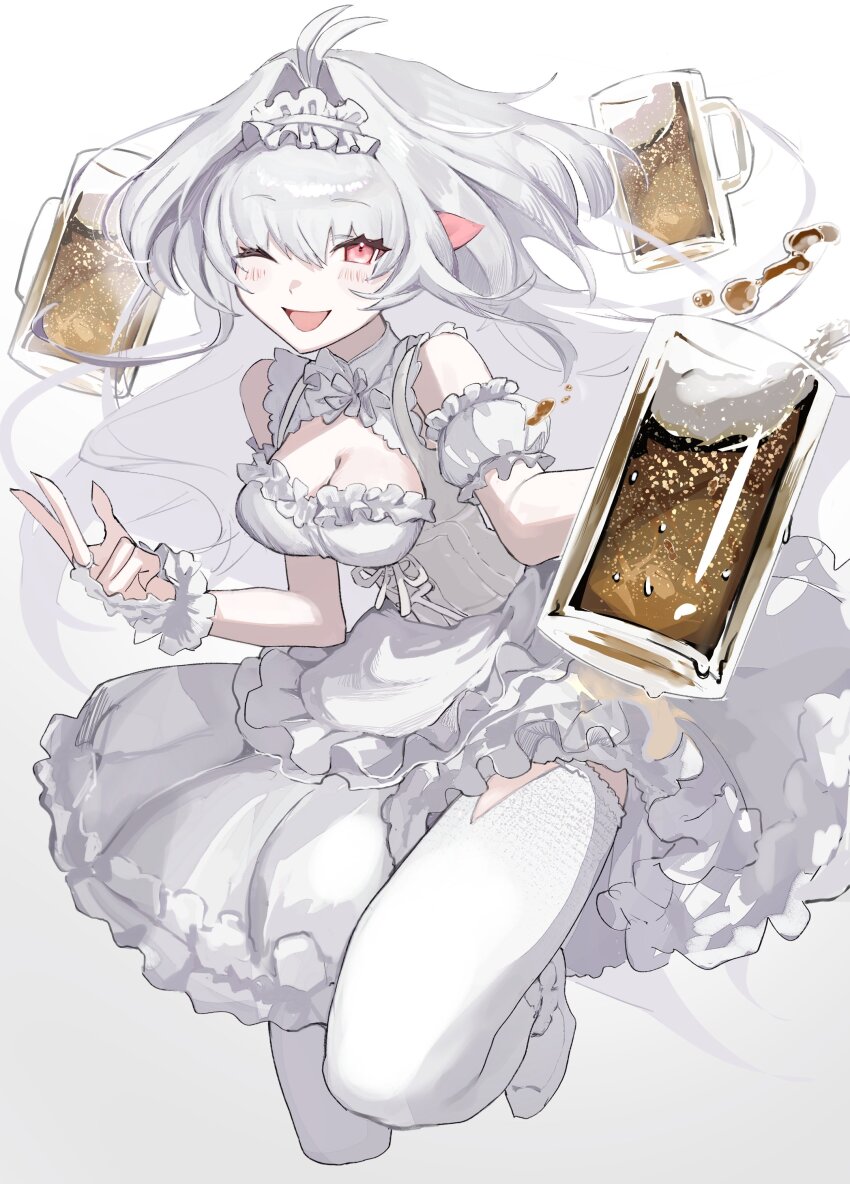 1girl absurdres alcohol antenna_hair beer beer_mug blush_stickers breasts cleavage corset cup detached_sleeves dress eyelashes fate/grand_order fate_(series) grey_hair highres holding holding_cup lady_avalon_(event_portrait)_(fate) lady_avalon_(fate) large_breasts maid_headdress merlin_(fate/prototype) mug one_eye_closed open_mouth pink_eyes puffy_detached_sleeves puffy_sleeves ribbon solo thighhighs tokoni_fusu white_background white_dress white_ribbon white_thighhighs wrist_cuffs