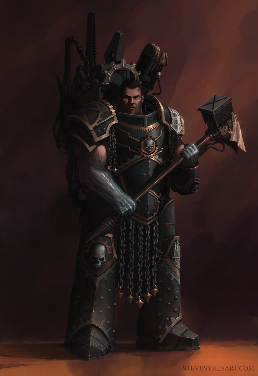 1boy absurdres armor armored_boots black_hair boots breastplate commentary couter cuirass english_commentary extra_arms ferrus_manus forgebreaker frown gauntlets greaves hammer highres holding holding_weapon iron_hands_(warhammer) leg_armor male_focus mechanical_arms medusan_carapace metal_skin pauldrons pelvic_curtain poleyn power_armor primarch rerebrace short_hair shoulder_armor standing stevesykesart studded_armor warhammer_40k watermark weapon web_address x