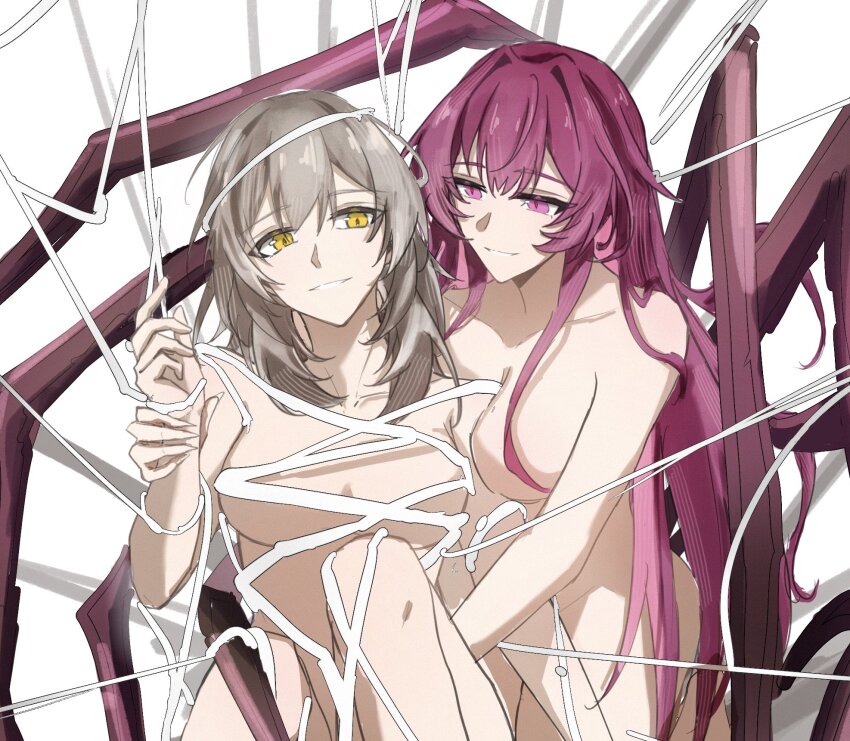 2girls arthropod_girl breasts commentary_request completely_nude eclair_yuri grey_hair highres honkai:_star_rail honkai_(series) insect_girl kafka_(honkai:_star_rail) large_breasts long_hair multiple_girls nude parted_lips purple_eyes purple_hair restrained silk smile spider_girl spider_web stelle_(honkai:_star_rail) trailblazer_(honkai:_star_rail) yellow_eyes yuri