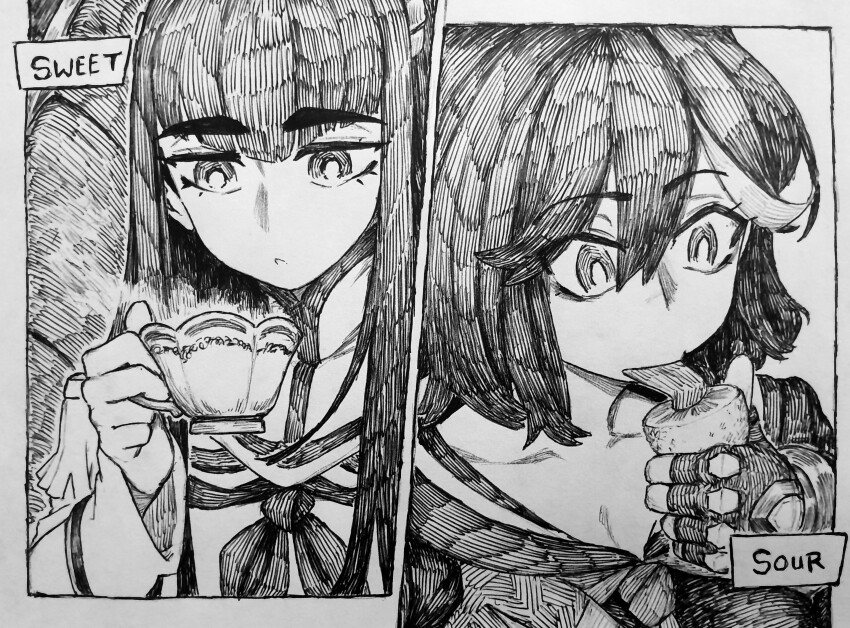 2girls absurdres black_hair chronozbergh commentary cup english_commentary fingerless_gloves food fruit gloves greyscale hatching_(texture) highres junketsu kill_la_kill kiryuuin_satsuki lemon long_hair matoi_ryuuko monochrome multiple_girls senketsu siblings sisters teacup thick_eyebrows traditional_media