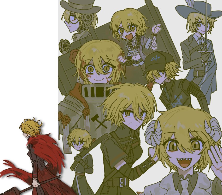6+girls absurdres black_shirt blade_lineage_(identity)_(project_moon) blonde_hair blue_hat blue_necktie chain chain_necklace closed_mouth don_quixote_(project_moon) e.g.o_(project_moon) hammer hat highres holding holding_polearm holding_sword holding_weapon horns jewelry lance lantern_(e.g.o) limbus_company lobotomy_corporation lobotomy_corporation_(identity)_(project_moon) looking_at_viewer middle_(identity)_(project_moon) multiple_girls multiple_views n_corp._fanatic_(identity)_(project_moon) necklace necktie open_mouth polearm project_moon rapier sancho_(project_moon) sheep_horns shi_association_south_uniform shirt short_sleeves simple_background slugrab smile sword t_corp._(identity)_(project_moon) w_corp._(identity)_(project_moon) weapon white_background yellow_eyes