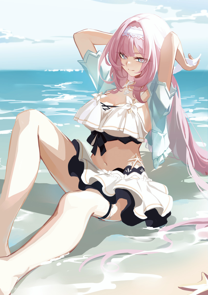 1girl absurdres afish arms_behind_head bare_legs beach bikini bikini_skirt blue_eyes blue_sky breasts chinese_commentary commentary_request elysia_(honkai_impact) elysia_(miss_pink_elf)_(honkai_impact) elysia_(summer_miss_elf)_(honkai_impact) hairband highres honkai_(series) honkai_impact_3rd large_breasts legs navel ocean official_alternate_costume pink_hair sitting sitting_on_water sky smile solo starfish stomach swimsuit white_bikini white_hairband
