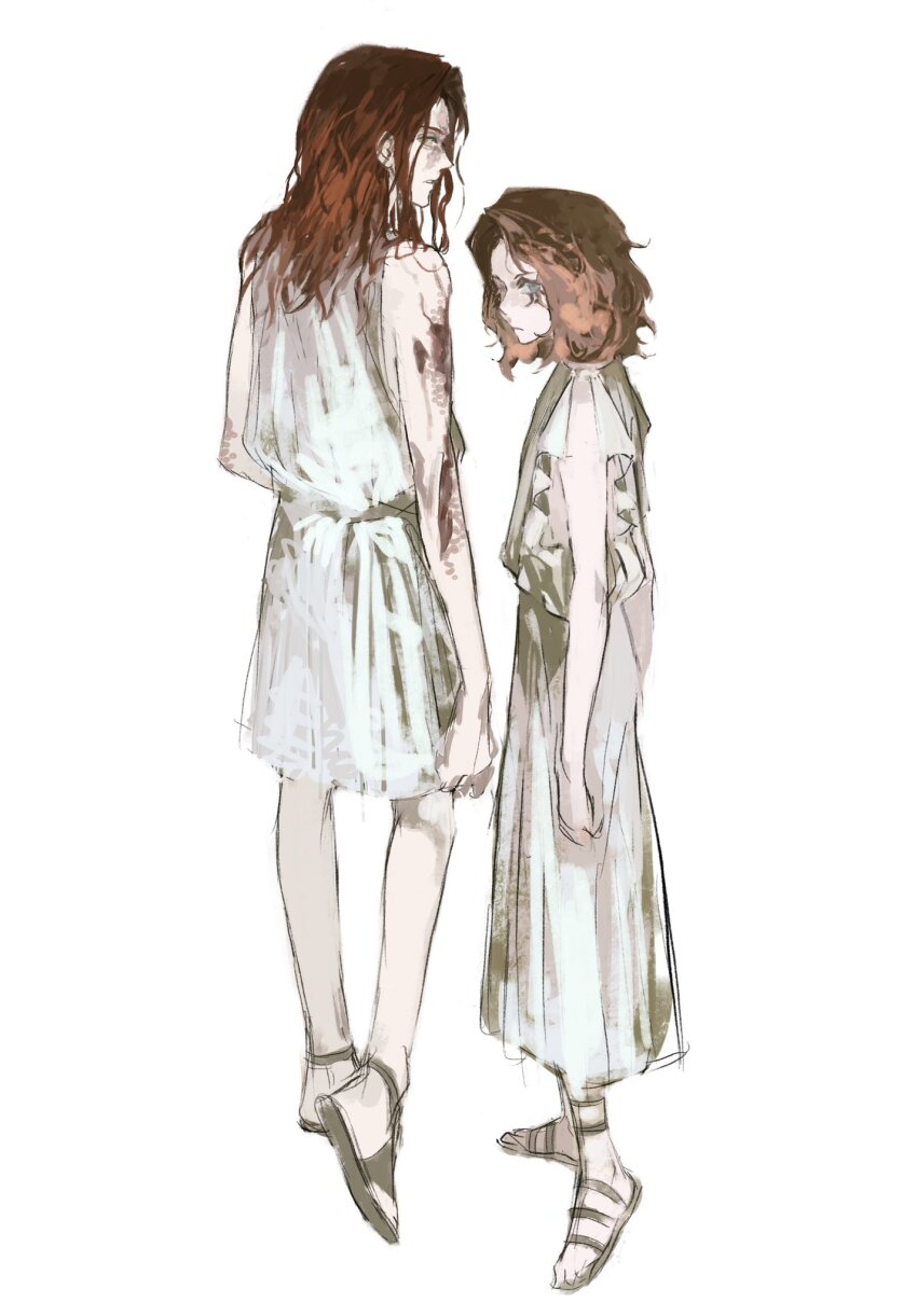 1boy 1girl aged_down angry blood blood_on_arm brother_and_sister dress elden_ring facing_away facing_to_the_side frilled_sleeves frills from_behind from_side gladiator_sandals grey_eyes highres looking_at_viewer looking_back medium_hair melina_(elden_ring) messmer_the_impaler red_hair robe sandals siblings sleeveless_tunic toga white_background white_dress white_robe xscr1205 yellow_eyes