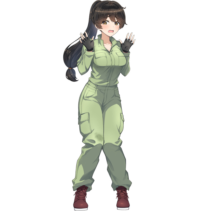 1girl boots breasts brown_boots brown_eyes brown_hair dolphin_wave fingerless_gloves game_cg gloves green_jumpsuit hands_up highres jumpsuit long_hair looking_at_viewer mole mole_on_breast mole_under_mouth nervous_sweating non-web_source official_alternate_costume official_art ootomo_takuji open_mouth ponytail solo sweat transparent_background yamaba_yume