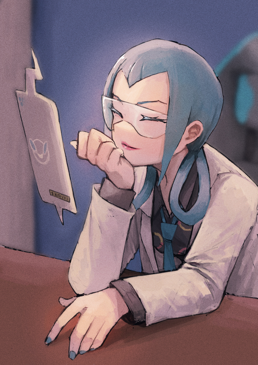 1girl absurdres blue_hair blue_nails blue_necktie closed_eyes closed_mouth coat commentary_request desk gen_4_pokemon glasses hair_rings highres lab_coat long_sleeves maaka_4441 mable_(pokemon) necktie nintendo open_clothes open_coat pokemon pokemon_legends:_z-a rotom rotom_phone sitting tablet_pc upper_body white_coat