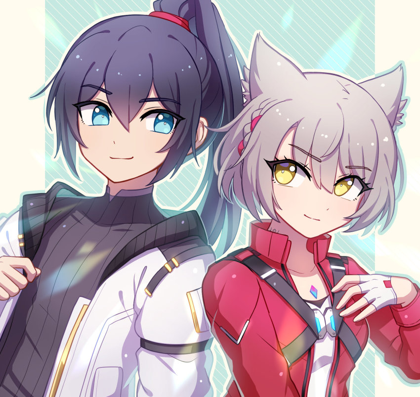 1boy 1girl animal_ears black_hair blue_eyes breasts cat_ears chest_jewel collarbone cosplay costume_switch enni hair_tie highres jacket long_hair mio_(xenoblade) mio_(xenoblade)_(cosplay) monolith_soft noah_(xenoblade) noah_(xenoblade)_(cosplay) ponytail red_jacket short_hair shoulder_strap simple_background small_breasts smile white_hair white_jacket xeno_(series) xenoblade_chronicles_(series) xenoblade_chronicles_3 yellow_eyes