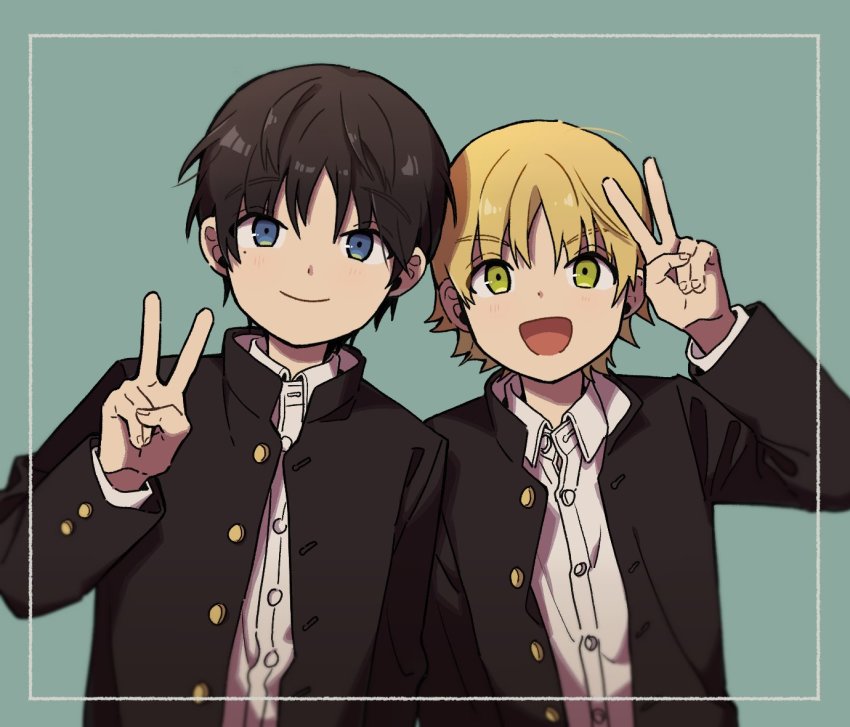 2boys :d black_hair blue_eyes blurry border closed_mouth collared_shirt depth_of_field dress_shirt gakuran green_background green_eyes hand_up jacket leaning_on_person leaning_to_the_side long_sleeves looking_at_viewer male_focus minamisawa_kai mole mole_under_eye multiple_boys nana_0253 oki_kouji open_clothes open_jacket open_mouth school_uniform shirt short_hair side-by-side simple_background smile taking_picture unbuttoned upper_body v white_shirt world_trigger