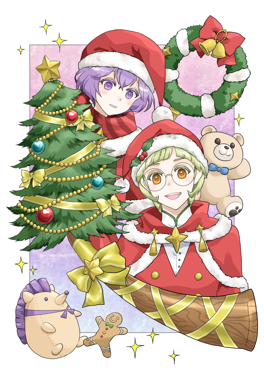 1boy 1girl absurdres bernadetta_von_varley bernadetta_von_varley_(winter) blonde_hair border christmas christmas_tree christmas_wreath coat commentary_request fire_emblem fire_emblem:_three_houses fire_emblem_heroes fur-trimmed_coat fur_trim gingerbread_man gradient_background hat hedgehog highres ignatz_victor ignatz_victor_(winter) looking_at_viewer midori_no_baku nintendo official_alternate_costume open_mouth outside_border pink_background purple_background purple_eyes purple_hair red_coat round_eyewear santa_hat smile sparkle stuffed_animal stuffed_toy teddy_bear white_border wreath