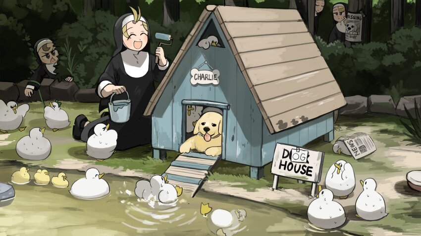 4girls :d bird black_footwear blonde_hair brown_hair bucket chicken closed_eyes clumsy_nun_(diva) commentary diva_(hyxpk) dog doghouse duck duckling english_commentary english_text frog_headband froggy_nun_(diva) golden_retriever habit highres little_nuns_(diva) missing_poster multiple_girls nun open_mouth slice_of_life smile spicy_nun_(diva) star_nun_(diva) sweat tongue tongue_out traditional_nun yellow_eyes