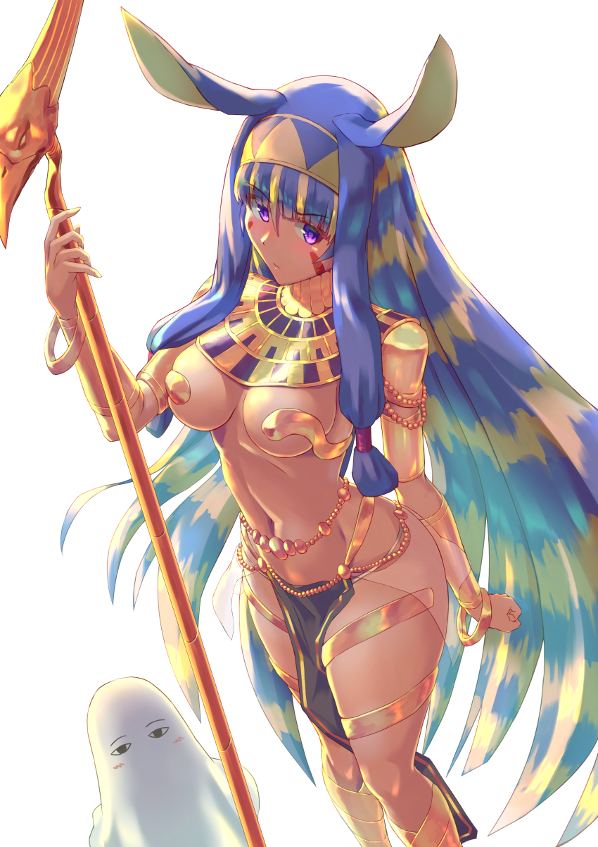 1girl absurdres ancient_egyptian_clothes animal_ears blonde_hair bracelet breasts commentary_request dark-skinned_female dark_skin facial_mark fate/grand_order fate_(series) feet_out_of_frame hairband highres holding holding_scepter jackal_ears jewelry kz_nezu3 long_hair looking_at_viewer medjed_(fate) multicolored_hair navel nitocris_(fate) pelvic_curtain purple_eyes purple_hair scepter simple_background two-tone_hair usekh_collar very_long_hair white_background