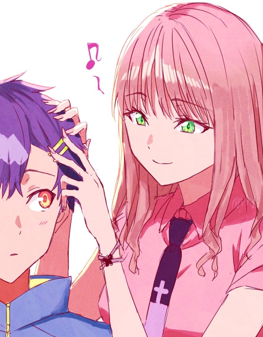 1boy 1girl asanaka_yomogi blue_hair blush breasts brown_hair couple green_eyes gridman_universe gridman_universe_(movie) hair_ornament hairclip hetero highres long_hair minami_yume necktie risyo shirt short_hair short_sleeves simple_background smile white_background yellow_eyes zooming_in