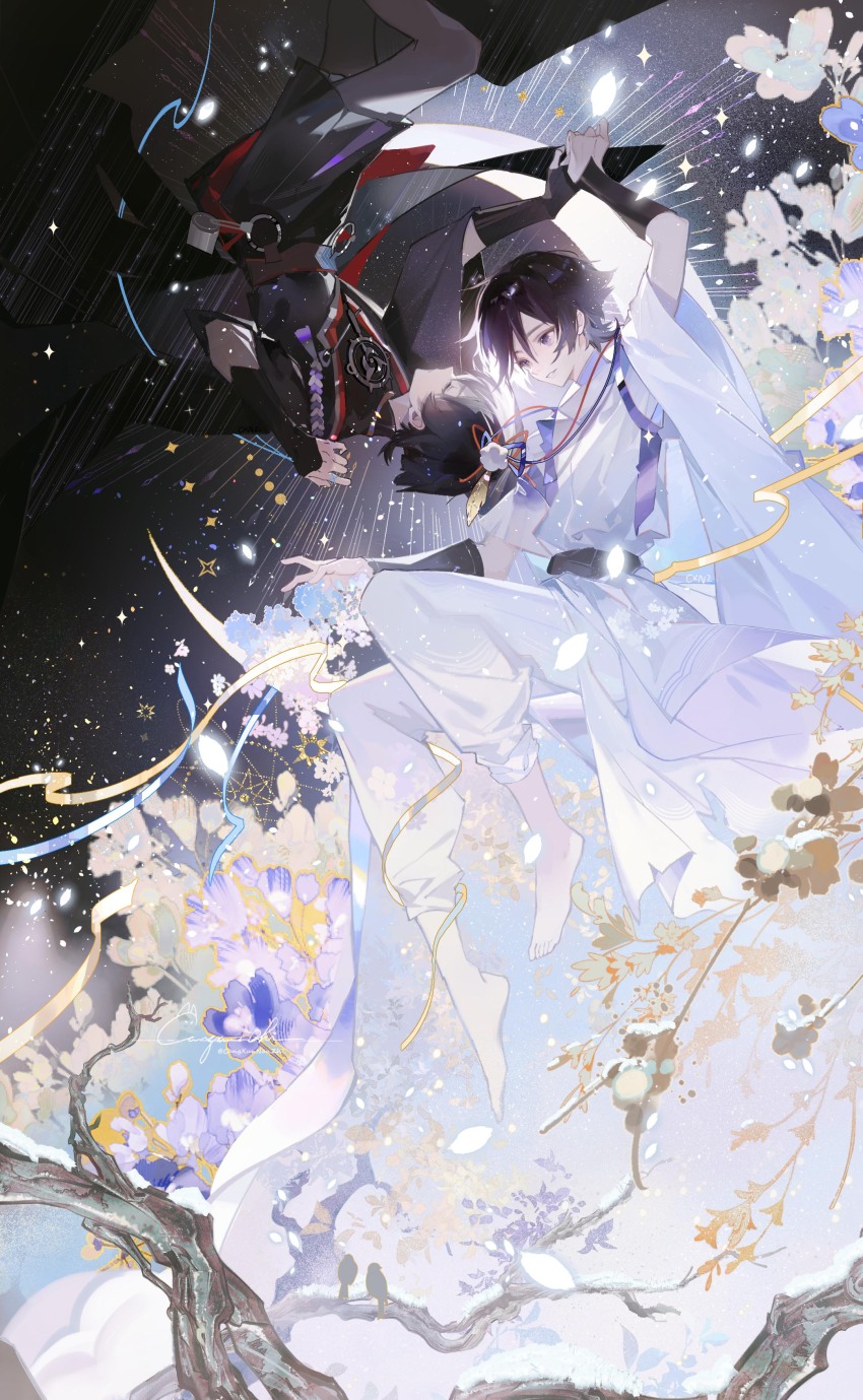 1boy absurdres armor artist_name bare_tree black_bow black_hair black_sash black_shirt blunt_ends bow chinese_commentary closed_eyes closed_mouth commentary_request crescent_moon dual_persona eyeshadow flower genshin_impact hair_between_eyes hair_intakes highres japanese_armor japanese_clothes jewelry kariginu kimono kote kurokote long_sleeves makeup male_focus moon neck_ribbon necklace night night_sky parted_lips polar_opposites pom_pom_(clothes) purple_bow purple_eyes purple_kimono purple_sash red_eyeshadow red_ribbon ribbon rope sash scaramouche_(genshin_impact) scaramouche_(kabukimono)_(genshin_impact) shirt short_hair short_sleeves signature sky split_theme tassel tree veil wide_sleeves xll00