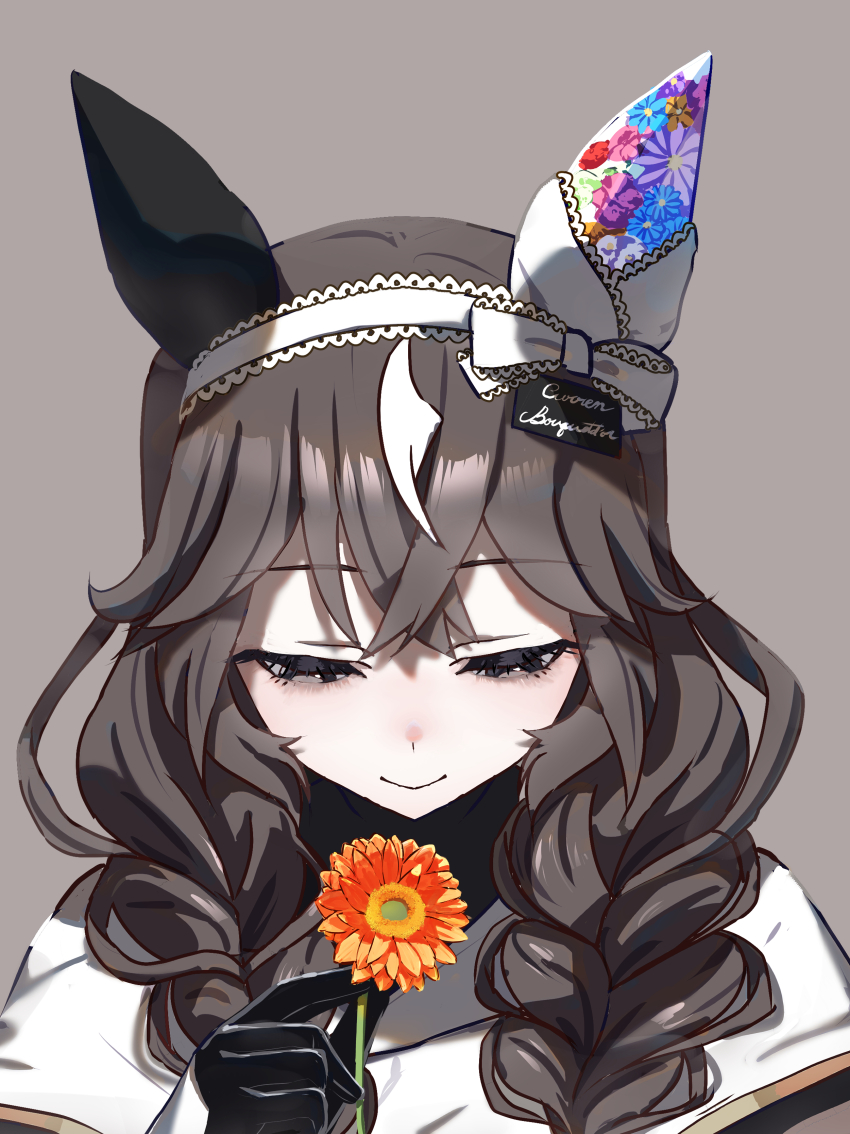 1girl absurdres blush braid breasts closed_mouth curren_bouquetd&#039;or_(umamusume) flower gloves grey_eyes hair_between_eyes hair_ornament hairband highres horse_girl long_hair looking_at_viewer low_twin_braids no_uwazumi portrait simple_background small_breasts smile solo twin_braids umamusume
