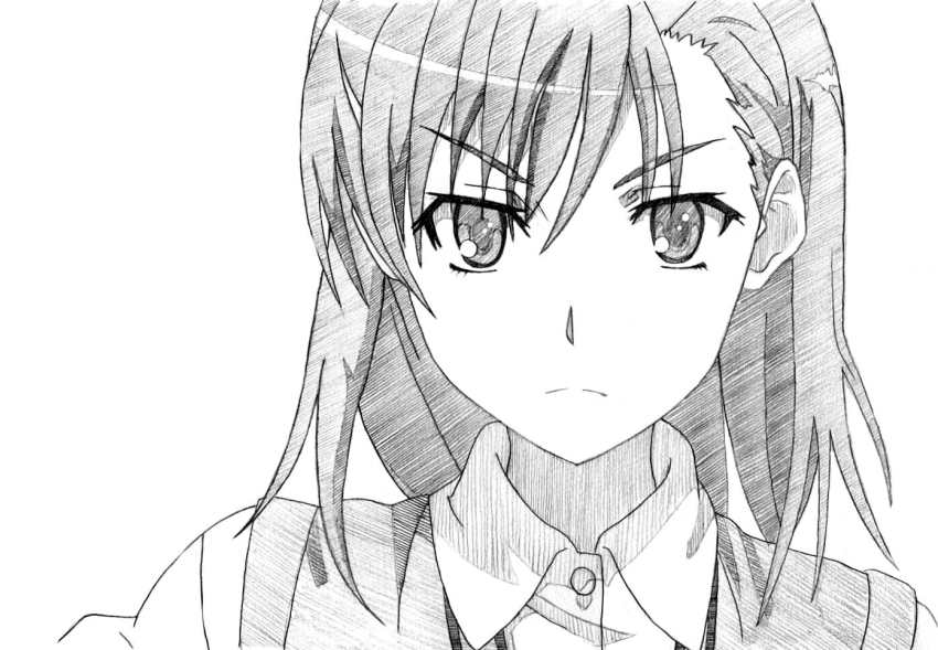 &gt;:( bad_id bad_pixiv_id charcoal_(medium) greyscale misaka_mikoto monochrome portrait ryuuryuu school_uniform short_hair solo toaru_kagaku_no_railgun toaru_majutsu_no_index traditional_media