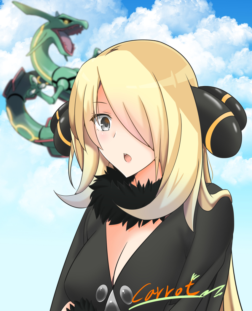 1girl :o blonde_hair blue_sky breasts cleavage cloud cloudy_sky cynthia_(pokemon) day fur_collar gen_3_pokemon grey_eyes hair_ornament hair_over_one_eye highres large_breasts legendary_pokemon nintendo open_mouth pokemon pokemon_(creature) pokemon_dppt rayquaza signature sky slope_(check238) upper_body
