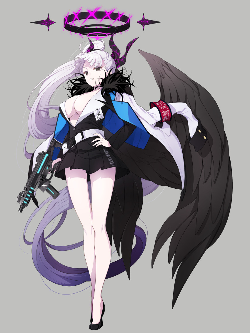 1girl absurdres alternate_breast_size alternate_hair_color black_skirt black_suit black_wings blue_archive breasts cleavage commission formal_clothes full_body fur-trimmed_jacket fur_trim grey_background gun halo hand_on_own_hip highres holding holding_gun holding_weapon id_card jacket jacket_on_shoulders koflif large_breasts long_hair pixiv_commission pleated_skirt side_ponytail sig_mpx sig_sauer skirt solo submachine_gun suit sukeban_(smg)_(blue_archive) tachi-e weapon white_hair wings