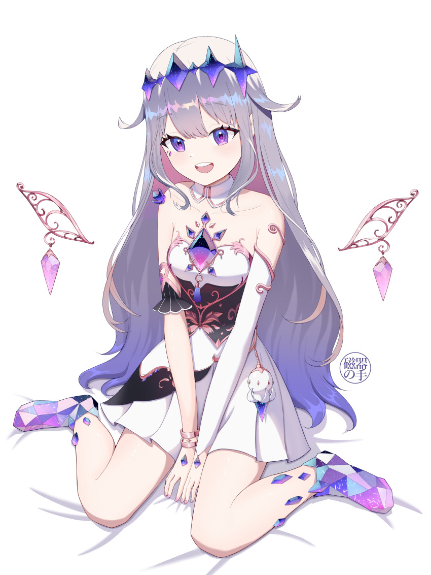 1girl :d absurdres black_corset chest_jewel choconi corset detached_sleeves dress gem gem_hair_ornament hand_jewel highres hololive hololive_english jewel_under_eye koseki_bijou koseki_bijou_(1st_costume) looking_at_viewer material_growth metal_wings open_mouth purple_gemstone simple_background single_detached_sleeve sitting smile solo teeth upper_teeth_only virtual_youtuber wariza white_background white_dress white_sleeves