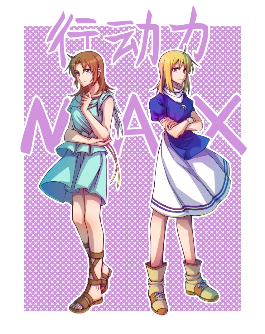 2girls ahoge ancient_ys_vanished arkibk blonde_hair blue_eyes boots border brown_hair commentary crescent crescent_necklace crossed_arms elena_stoddart gladiator_sandals highres jewelry lilia_(ys) medium_hair multiple_girls necklace outside_border purple_eyes sandals standing white_border ys ys_iii:_wanderers_from_ys