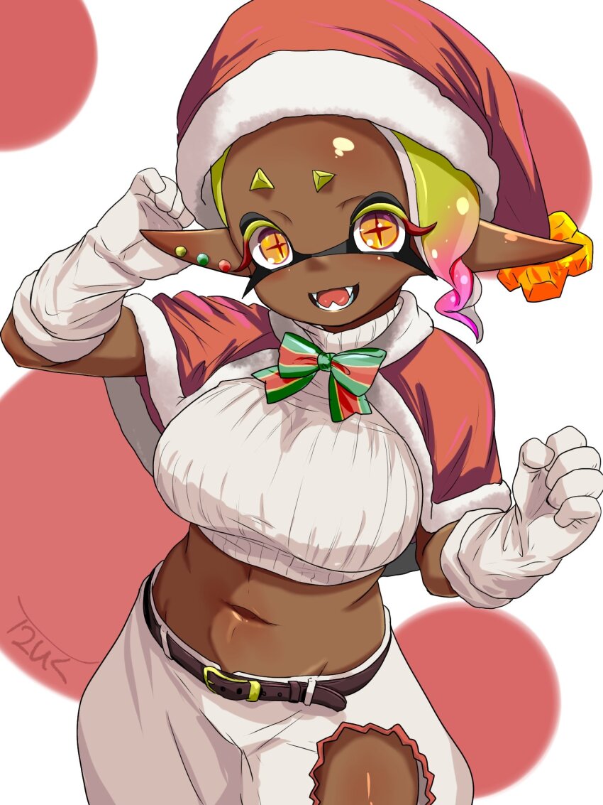 1girl :d alternate_costume belt black_belt blonde_hair bow bowtie breasts capelet christmas clothing_cutout colored_eyelashes commentary_request cowboy_shot cropped_sweater cross-shaped_pupils dark-skinned_female dark_skin earrings fangs forehead frye_(splatoon) fur-trimmed_capelet fur-trimmed_headwear fur_trim gloves gradient_hair green_bow green_bowtie hat highres inkling jewelry large_breasts long_eyelashes long_pointy_ears looking_at_viewer midriff multicolored_hair multiple_earrings navel nintendo open_mouth orange_eyes pants parted_bangs pink_hair pointy_ears red_bow red_bowtie red_capelet red_hat santa_costume santa_hat short_hair smile solo splatoon_(series) splatoon_3 stud_earrings sweater symbol-shaped_pupils t2ukmyjm tentacle_hair thigh_cutout turtleneck turtleneck_sweater two-tone_bow two-tone_bowtie white_gloves white_pants white_sweater