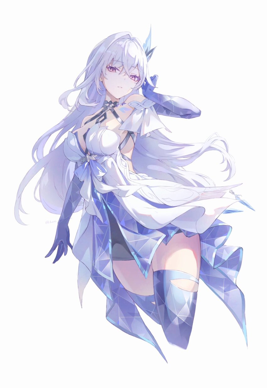 1girl adjusting_hair black_shirt blue_skin breasts butterfly_hair_ornament colored_extremities colored_skin commentary_request crystal_skin dress frown genshin_impact hair_ornament hand_up haru_same322 highres long_hair looking_at_viewer medium_breasts outside_border parted_lips pink_eyes shirt skirk_(genshin_impact) solo thighs undershirt very_long_hair white_background white_dress